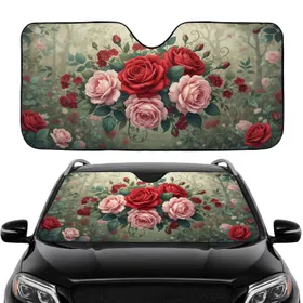 Red Pink Roses Green Teal Leaves Botanical Garden Floral Clusters - Everyday Car Accessory Car Sunshade