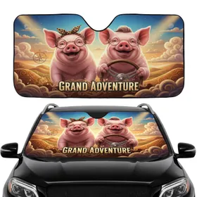 Spectacled Pink Pigs Driving Car Adventure Travel Essentials - Pig Lover Gift Car Sunshade