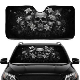 Human Skulls White Flowers Botanical Vines - Gothic Decor Gift for Dark Art Lovers Car Sunshade