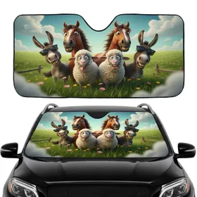 Grinning Farm Animals Sunglasses Pasture Wildflowers - Farmhouse Animal Lover Gift Car Sunshade