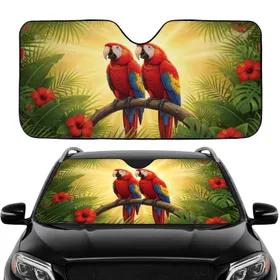 Scarlet Macaw Parrots Tropical Branch Hibiscus Flowers Sun-Drenched - Wildlife Lover Gift Car Sunshade