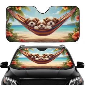 Shih Tzu Puppies Hammock Tropical Flowers Beach Ocean - Dog Lover Gift Car Sunshade