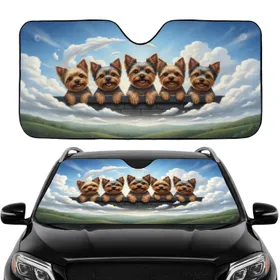 Yorkshire Terrier Dogs Peering Ledge Blue Sky Hills - Adventure Seeker Gift Car Sunshade