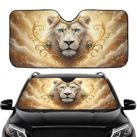 White Lion Golden Filigree Aqua Eyes - Enchanted Realm Decor Gift Car Sunshade