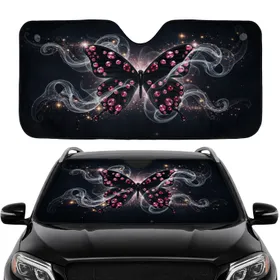 Pink Ruby Gemstone Black Butterfly Golden Starbursts - Wildlife Lover Gift Car Sunshade