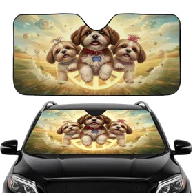 Three Sun-Drenched Shih Tzu Dogs Steering on a Journey - Dog Lover Car Gift Car Sunshade