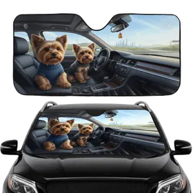 Yorkshire Terriers Driving Car Highway - Everyday Adventure Dog Lover Gift Car Sunshade