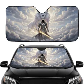 Ethereal White Lion, Armored Figure Golden Sword - Epic Fantasy Fan Gift for Adventure Lovers Car Sunshade