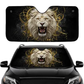 Majestic Roaring White Lion Head Gold Accents - Powerful Wildlife Car Accessory Car Sunshade