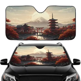 Mount Fuji Japanese Shrine Pagoda Torii Gate Rising Sun Autumn Scene Car Sunshade