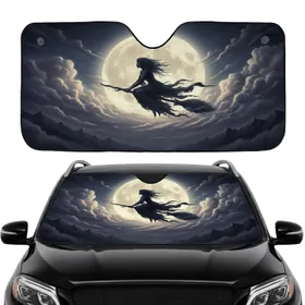 Witch Riding Broomstick Full Moon - Witchy Lifestyle Gift for Fantasy Lover Car Sunshade