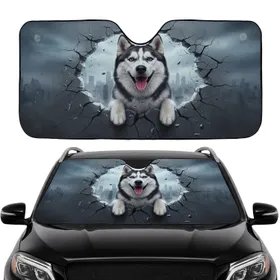 Joyful Siberian Husky Dog Cracked Stone City Skyline - Dog Lover Gift Car Sunshade