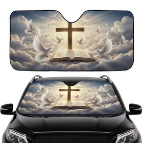 Illuminated Bible Majestic Cross Pristine Doves Golden Light - Spiritual Lifestyle Gift Car Sunshade