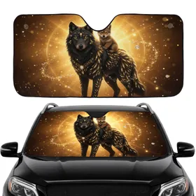 Golden Feather Black Wolf Pup Golden Eye Diamond - Wildlife Lover Gift Car Sunshade