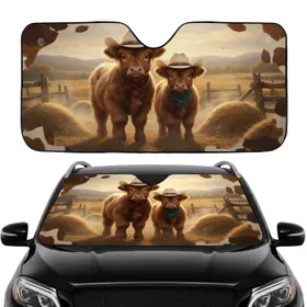 Fluffy Highland Cow Calves Cowboy Hats Bandanas - Farmhouse Decor Gift Car Sunshade