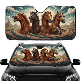Four Horses with Sunglasses & Steering Wheel - Road Trip Adventure Gift Car Sunshade