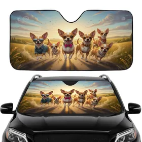 Chihuahua Dogs Sunglasses Bow Tie Open Road Golden Hour Hills - Dog Lover Gift Car Sunshade