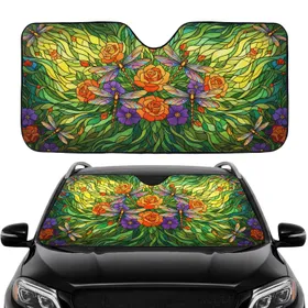 Dragonfly Orange Rose Purple Blossom Stained Glass Car Decor Gift Car Sunshade