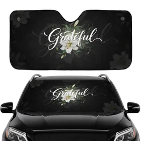 Grateful Script White Lily Floral Deep Black - Meaningful Inspiration Gift Car Sunshade