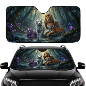 Four Large Jungle Cats Bioluminescent Rainforest - Wildlife Lover Gift Car Sunshade