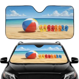 Striped Beach Ball Assorted Flip Flops Sandy Beach Ocean - Summer Road Trip Essentials Car Sunshade