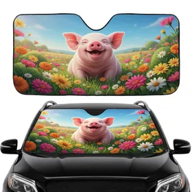 Smiling Baby Pig Colorful Wildflower Field Blue Sky - Car Decor Gift for Animal Lovers Car Sunshade