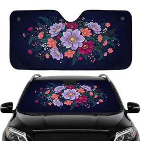 Lavender Coral Magenta Blossoms Berry Clusters Botanical Fronds - Travel Essentials Car Sunshade