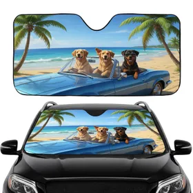 Three Dogs Vintage Convertible Car Tropical Beach - Summer Travel Essentials Car Sunshade