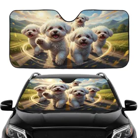 Fluffy Bichon Frise Dogs Green Hills Blue Sky Road Trip Adventure - Dog Lover Gift Car Sunshade