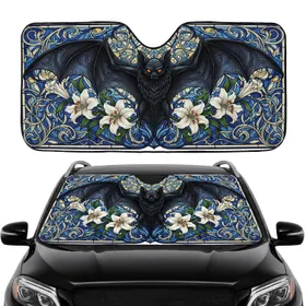 Black Bat Orange Eyes Lilies Art Nouveau Mosaic Swirls - Wildlife Lover Gift Car Sunshade