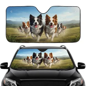 Sunlit Border Collies Rolling Hills Mountain Landscape - Outdoor Dog Lover Gift Car Sunshade