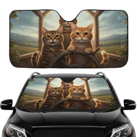 Realistic Brown Tabby Ginger Cats Open Road Trip Journey - Cat Lover Gift Car Sunshade