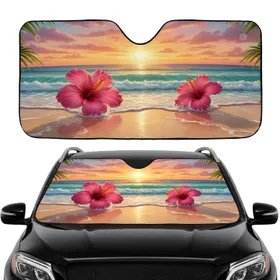 Fuchsia Hibiscus Tropical Sunset Beach - Beach Lover Travel Essentials Car Sunshade