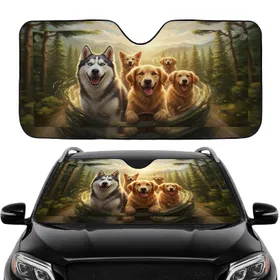 Joyful Husky Golden Retriever Dogs Forest Mountain Adventure - Wildlife Lover Gift Car Sunshade