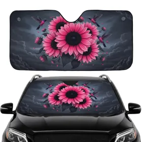 Pink Sunflowers Hummingbirds Dark Twilight Sky - Wildlife Lover Gift Car Sunshade