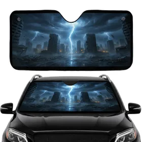 Rain-Slicked Apocalyptic City Street Lightning Storm - Desolation Scene Gift Car Sunshade