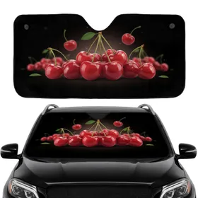 Glossy Red Cherry Clusters Velvety Black - Vibrant Vehicle Interior Decor for Fresh Fruit Lovers Car Sunshade
