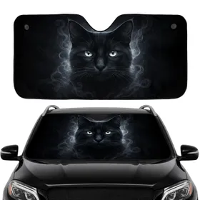 Black Cat Luminous White Eyes Whiskers Dark Mist Cosmic Background - Cat Lover Gift Car Sunshade