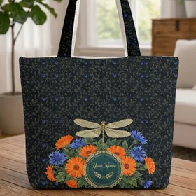 Ornate Dragonfly Calendula Cornflowers Bluebells - Nature Lover Gift Quilted Tote Bag