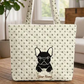 French Bulldog Head Paw Prints Bone - Dog Lover Everyday Carry Gift Quilted Tote Bag