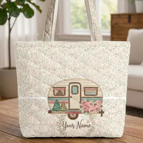 Vintage Camper Trailer Wildflower Floral Wreath - Road Trip Adventure Gift for Camping Lover Quilted Tote Bag
