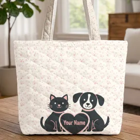 Cat Dog Scattered Paw Prints Hearts Heart Cartouche - Pet Lover Everyday Tote Gift Quilted Tote Bag