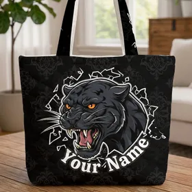 Personalized Roaring Black Panther Head Cracked Background - Wildlife Lover Gift Quilted Tote Bag