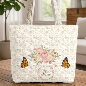 Rosebuds Monarch Butterflies Personalized Name Wreath - Botanical Lover Gift Quilted Tote Bag