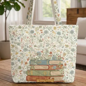 Vintage Books Wildflower Stack - Book Lover Gift Quilted Tote Bag