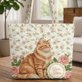 Fluffy Orange Cat Blooming Pink Roses Floral Wreath - Cat Lover Everyday Tote Quilted Tote Bag