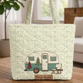 Vintage Camper Trailer Pine Trees Wildflower Leaves - Farmhouse Decor Camping Gift Quilted Tote Bag