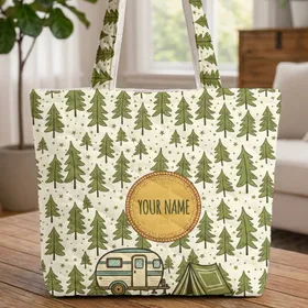 Vintage Travel Trailer Camping Tent Wilderness Pine Trees Stars - Adventure Gear Quilted Tote Bag