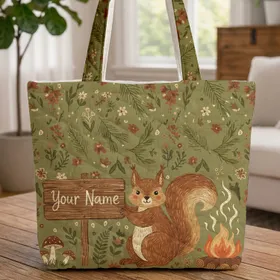 Forest Squirrel Campfire Wooden Sign Pine Needles Wildflowers - Woodland Lover Gift Quilted Tote Bag