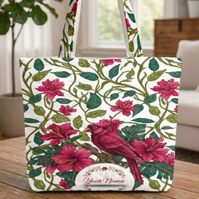 Exotic Bird Tropical Flowers Foliage Intertwining Branches Leaves - Nature Lover Gift Quilted Tote Bag